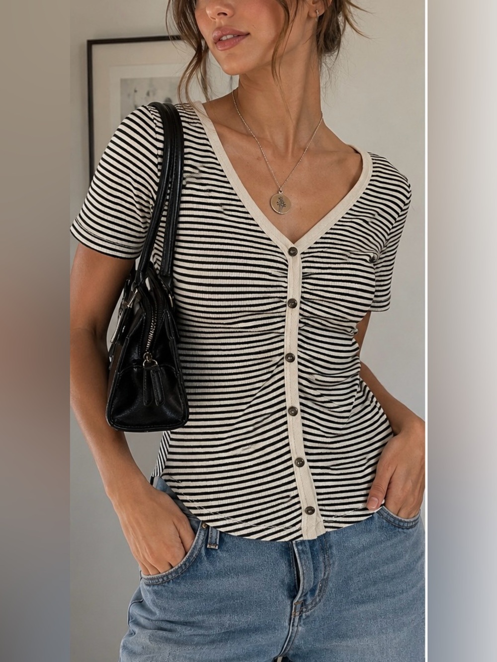 Nine Britton Black Cream Striped Ribbed Top Minimalist Coastal Chic | Small